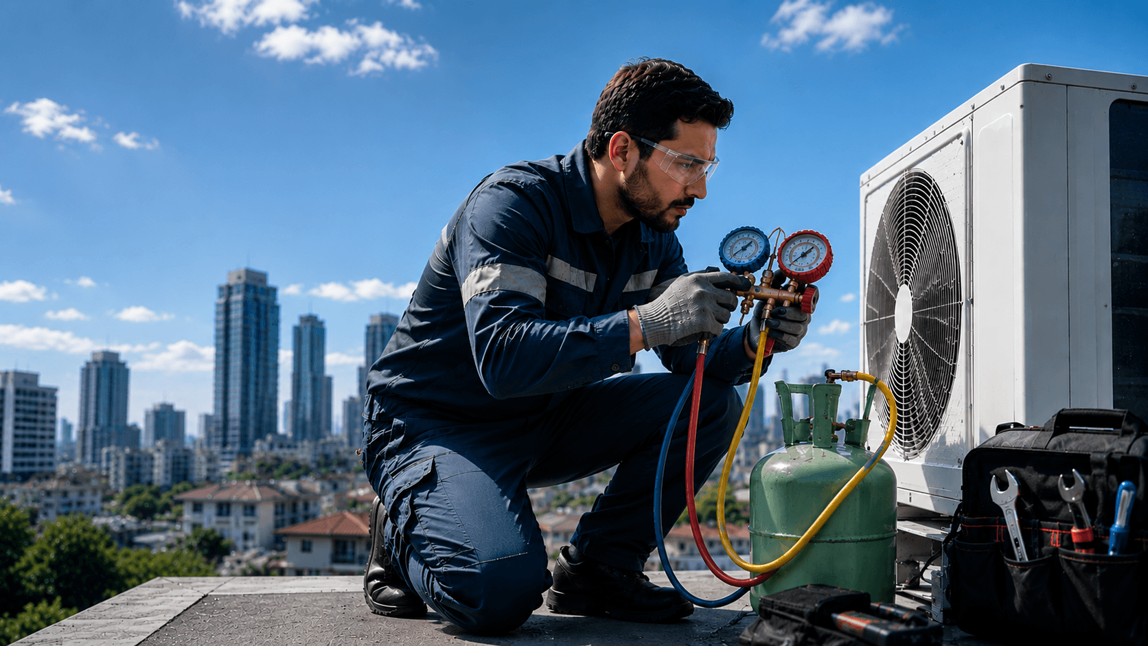 AC maintenance technician at work